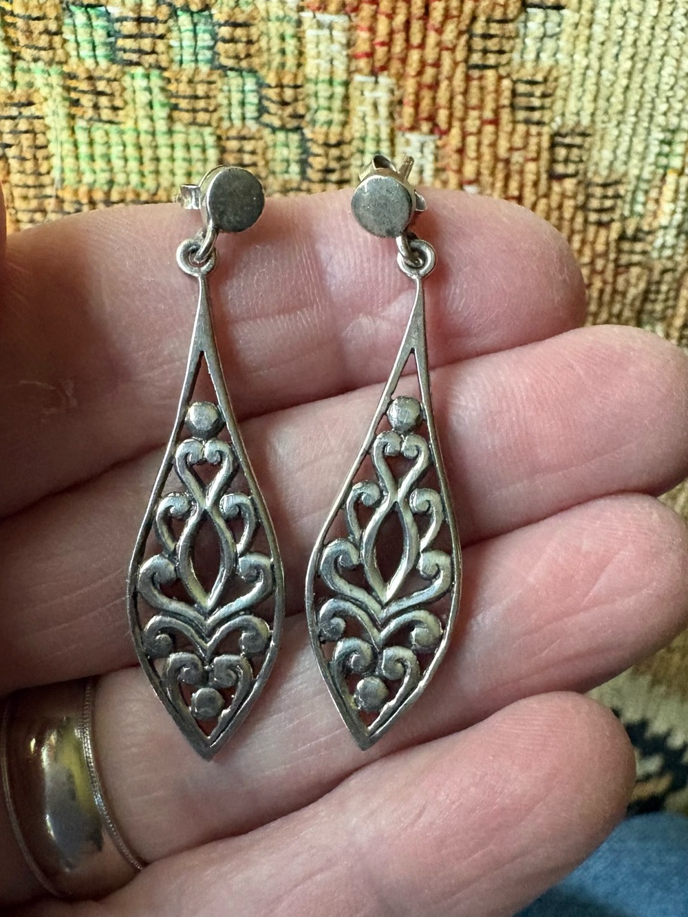 Vintage Sterling Silver Artisan Filigree Teardrop Dangle Earrings -